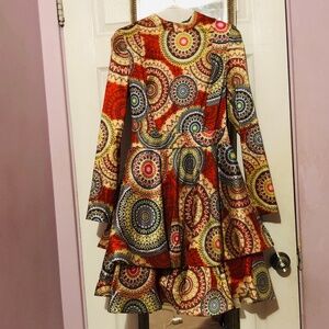 Unique Exotic High Fashion Flare Carretto Print Geometric Dress Knee Length Midi